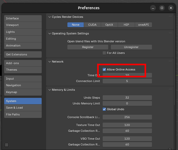 Image showing how to enable Internet in Blender