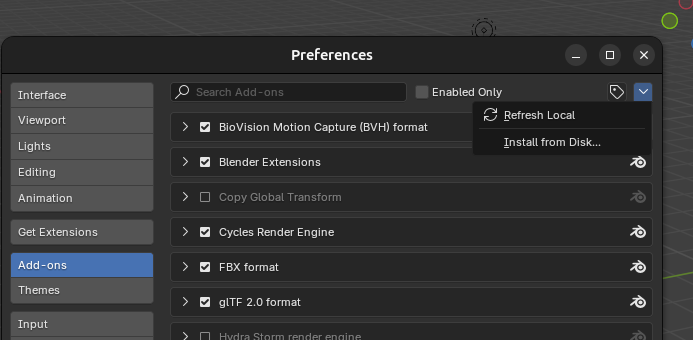 Image showing the Install from Disk button in Blender